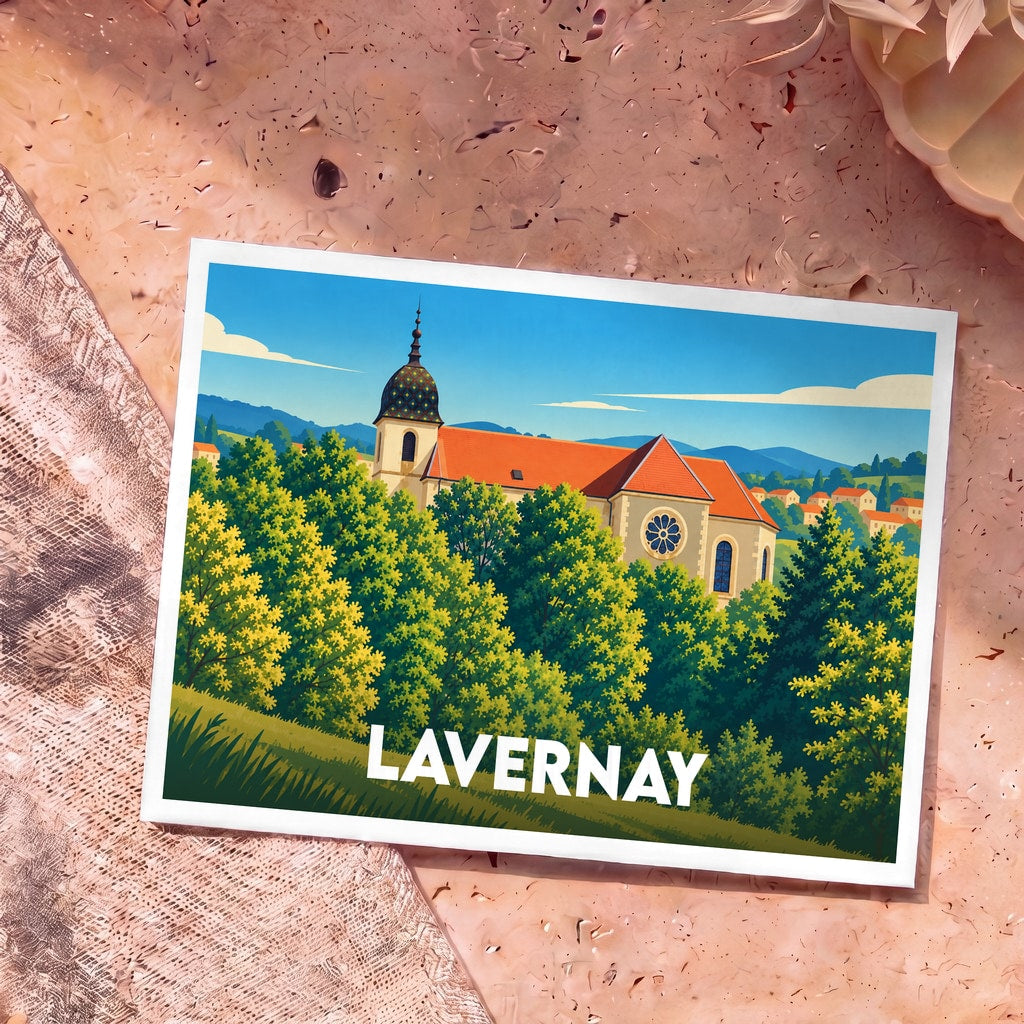 Carte postale souvenir de la ville de Lavernay illustrant son église entourée d'une forêt verdoyante dans un style graphique épuré.