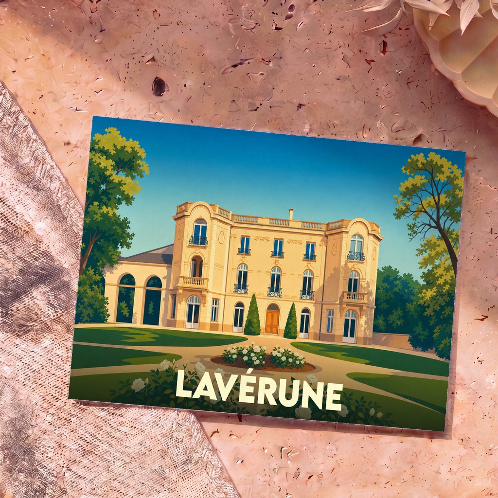 Carte postale souvenir de la ville de Lavérune illustrant le château de l’Engarran dans un style graphique épuré.
