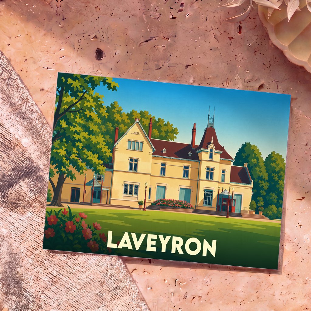 Carte postale souvenir de la ville de Laveyron avec une illustration stylisée de son château.