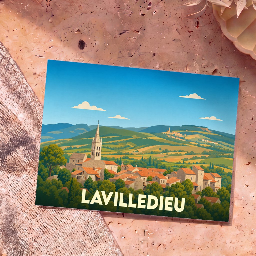 Carte postale souvenir de Lavilledieu avec une illustration stylisée d'un village pittoresque niché dans des collines verdoyantes.