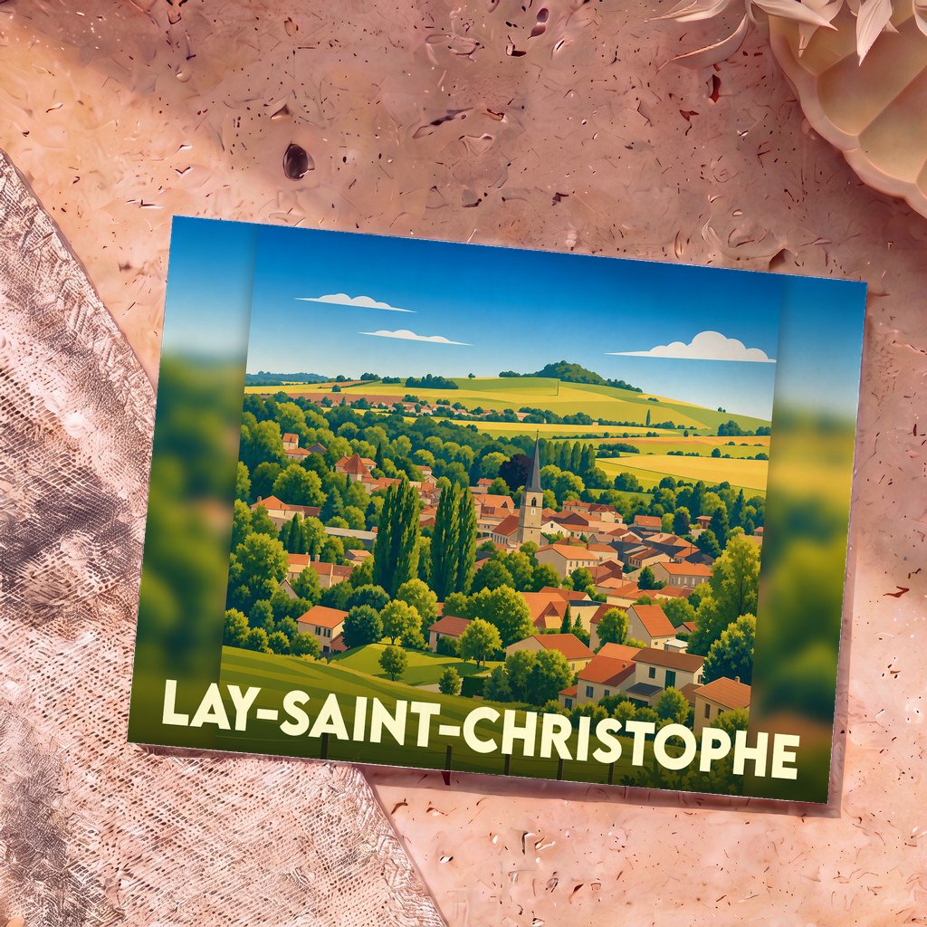 Carte postale souvenir de la ville de Lay-Saint-Christophe avec une illustration stylisée de son paysage vallonné.