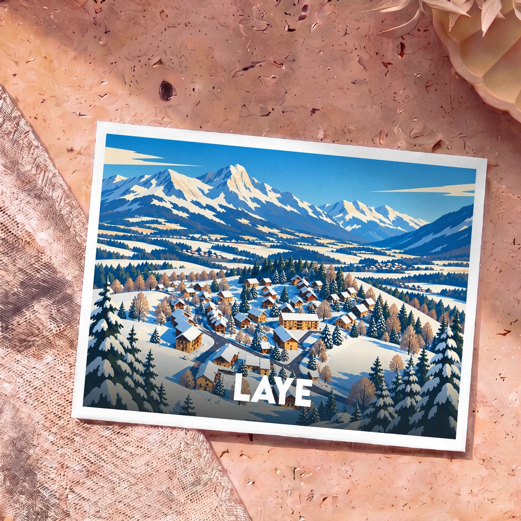 Carte postale souvenir de la ville de Laye avec une illustration stylisée d'un village de montagne enneigé.