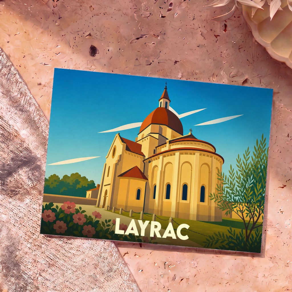 Carte postale souvenir de la ville de Layrac illustrant son église romane dans un style graphique épuré.