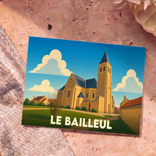 Carte postale souvenir de la ville de Le Bailleul avec une illustration stylisée de son église sous un ciel nuageux.