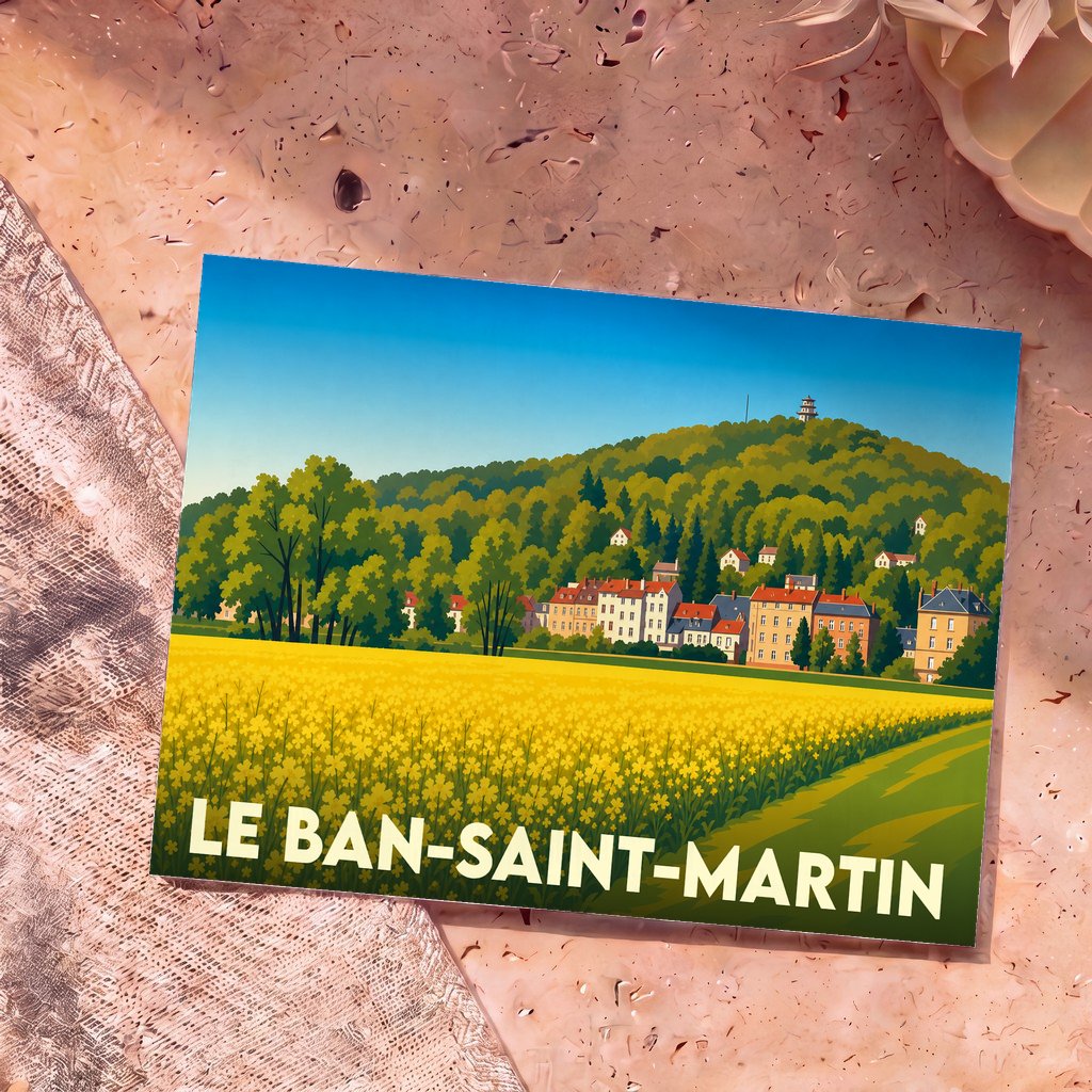 Carte postale souvenir de la ville de Le Ban-Saint-Martin avec une illustration stylisée d'un champ de fleurs jaunes au pied d'une colline boisée.