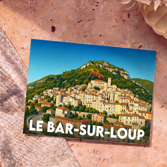 Carte postale souvenir de la ville de Le Bar-sur-Loup avec une illustration stylisée du village perché.