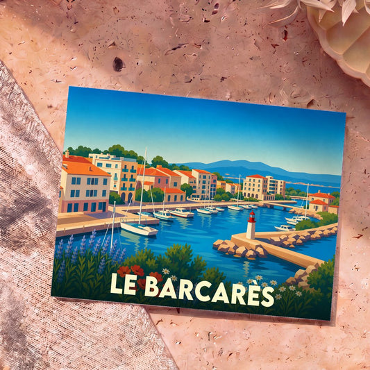 Carte postale souvenir de la ville de Le Barcarès illustrant son port de plaisance dans un style graphique et coloré.