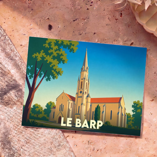 Carte postale souvenir de la ville de Le Barp avec une illustration stylisée de son église.