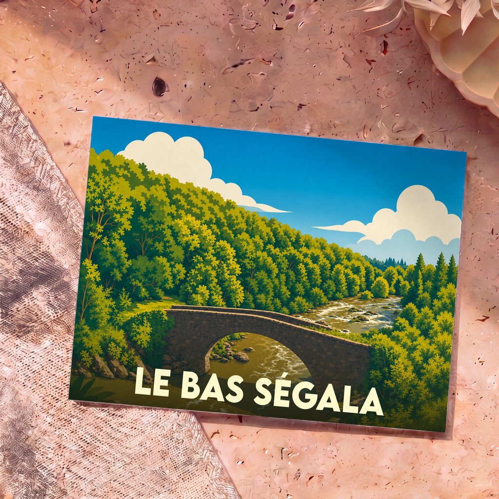 Carte postale souvenir de Le Bas Ségala avec une illustration stylisée d'un pont en pierre dans un paysage forestier.