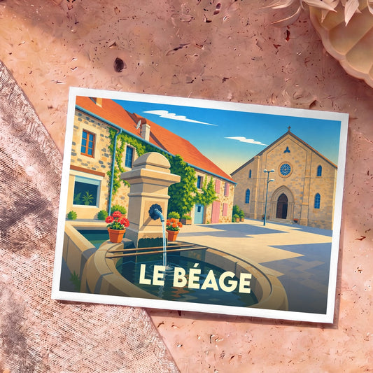 Carte postale souvenir de la ville de Le Béage avec une illustration stylisée de sa place centrale.