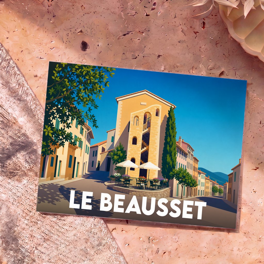 Carte postale souvenir de la ville de Le Beausset avec une illustration stylisée d'une place ensoleillée.