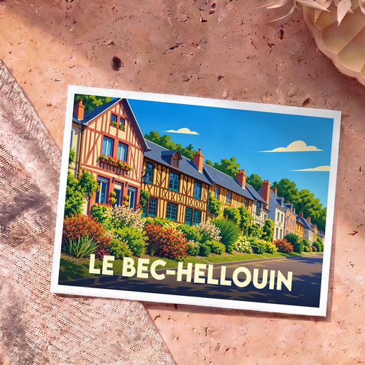 Carte postale souvenir de la ville de Le Bec-Hellouin avec une illustration colorée de maisons à colombages.