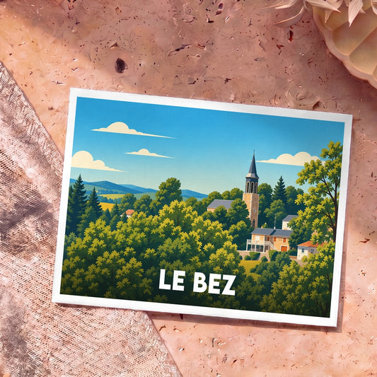 Carte postale souvenir de la ville de Le Bez avec une illustration stylisée d'un village verdoyant et de son église.