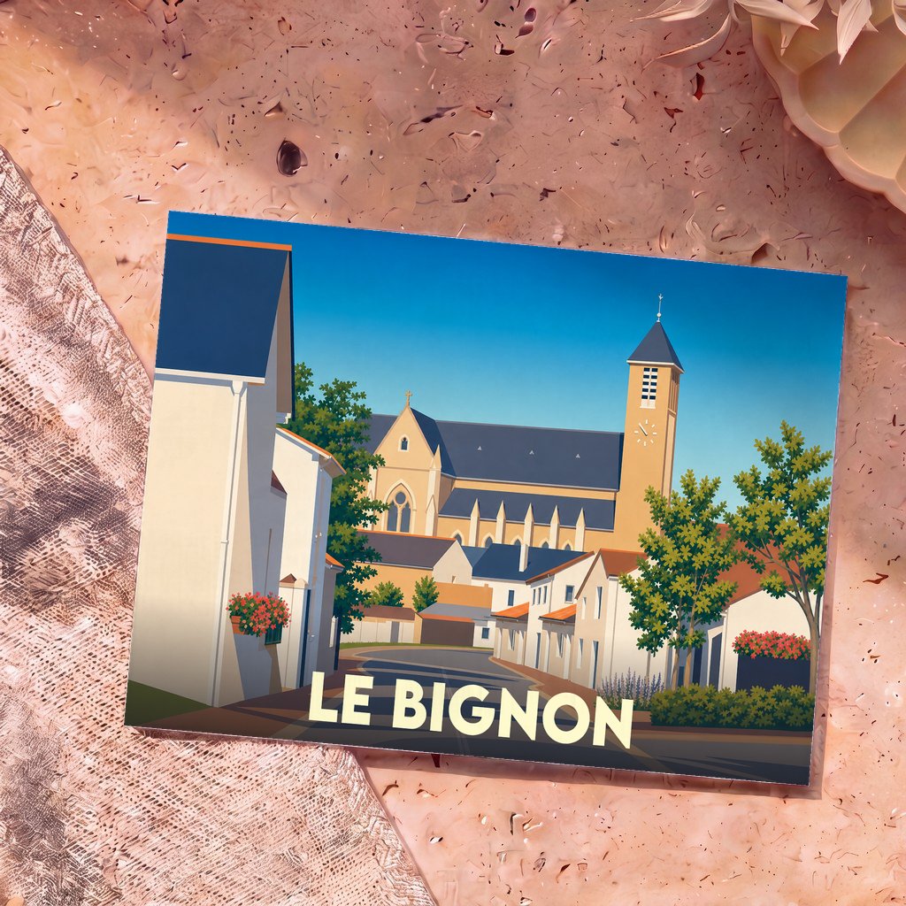 Carte postale souvenir de la ville de Le Bignon avec une illustration stylisée.
