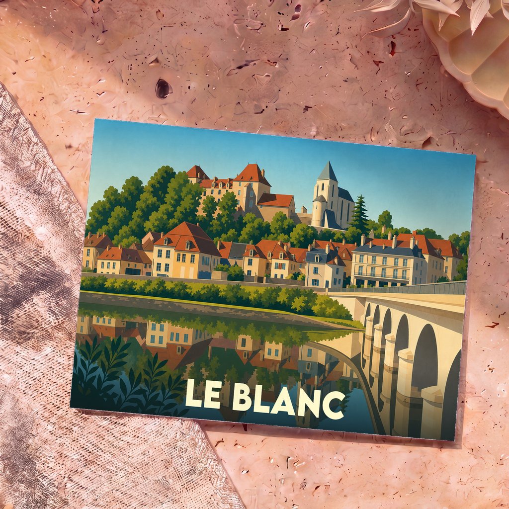 Carte postale souvenir de la ville de Le Blanc avec une illustration stylisée de son pont et de ses maisons en bord de rivière.
