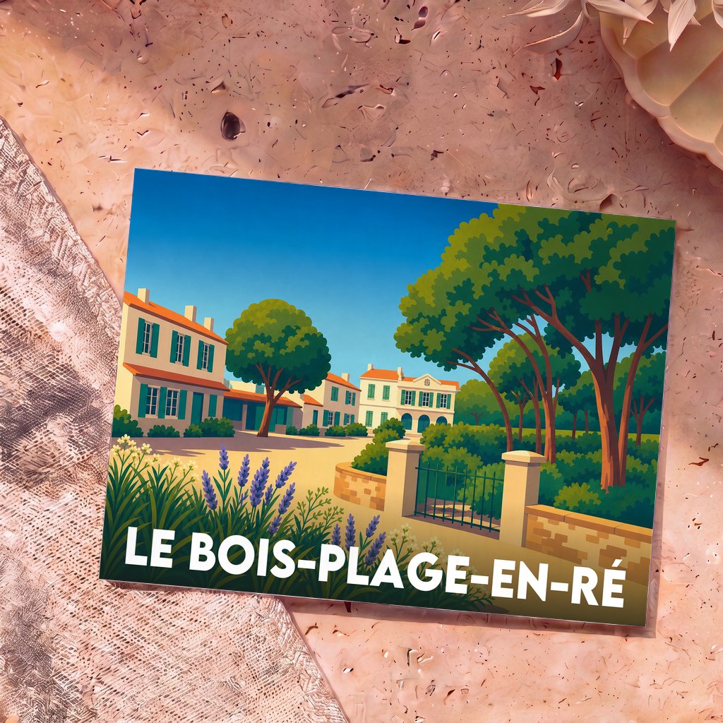 Carte postale souvenir de la ville de Le Bois-Plage-en-Ré avec une illustration stylisée d'un village côtier.