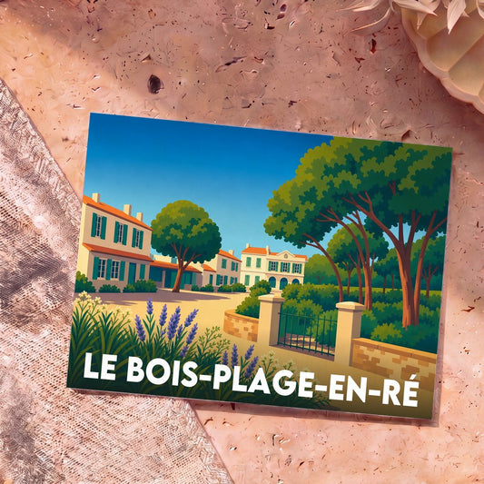 Carte postale souvenir de la ville de Le Bois-Plage-en-Ré avec une illustration stylisée d'un village côtier.