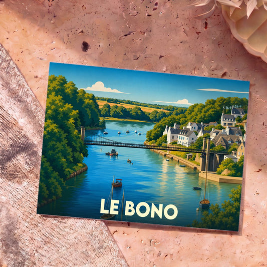 Carte postale souvenir de la ville de Le Bono avec une illustration stylisée de son pont et de son port.
