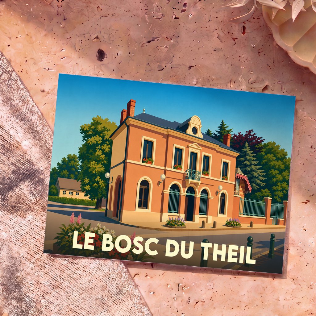 Carte postale souvenir de la ville de Le Bosc du Theil avec une illustration stylisée d'un bâtiment communal.