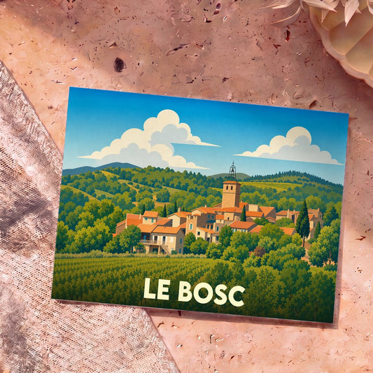 Carte postale souvenir de la ville de Le Bosc avec une illustration stylisée d'un village perché.