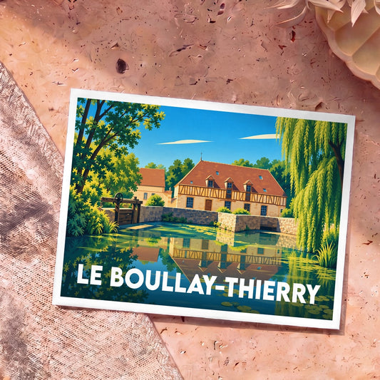 Carte postale souvenir de la ville de Le Boullay-Thierry illustrant un moulin au bord de l'eau dans un style graphique coloré.