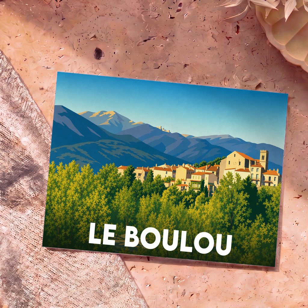 Carte postale souvenir de la ville de Le Boulou avec une illustration stylisée.