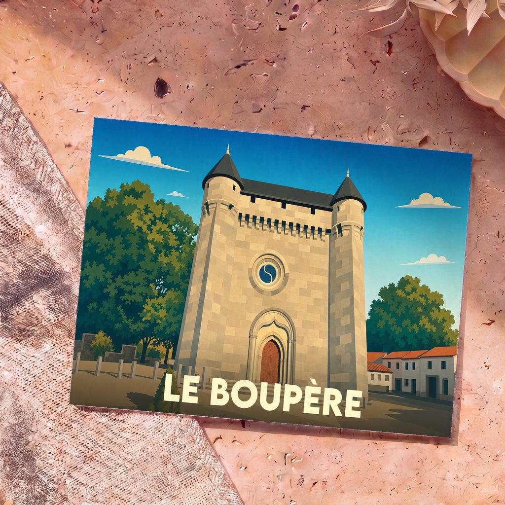 Carte postale souvenir de la ville de Le Boupère avec une illustration stylisée de son église fortifiée.