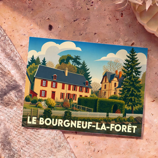 Carte postale souvenir de la ville de Le Bourgneuf-la-Forêt avec une illustration stylisée.