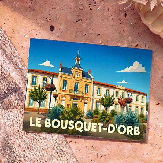 Carte postale souvenir de la ville de Le Bousquet-d'Orb avec une illustration stylisée de sa mairie.