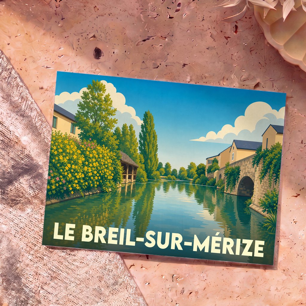 Carte postale souvenir de la ville de Le Breil-sur-Mérize illustrant son paysage fluvial et son pont de pierre.