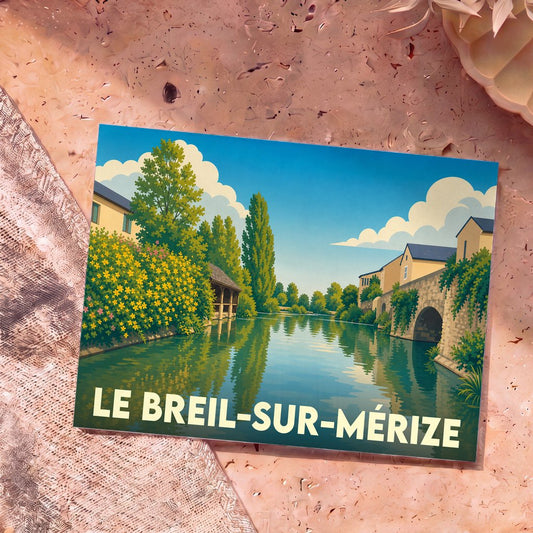 Carte postale souvenir de la ville de Le Breil-sur-Mérize illustrant son paysage fluvial et son pont de pierre.