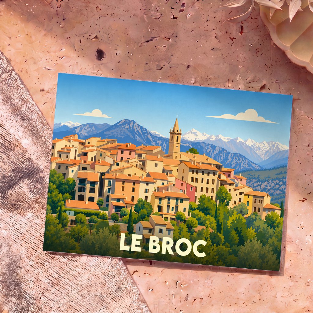Carte postale souvenir de la ville de Le Broc avec une illustration stylisée.