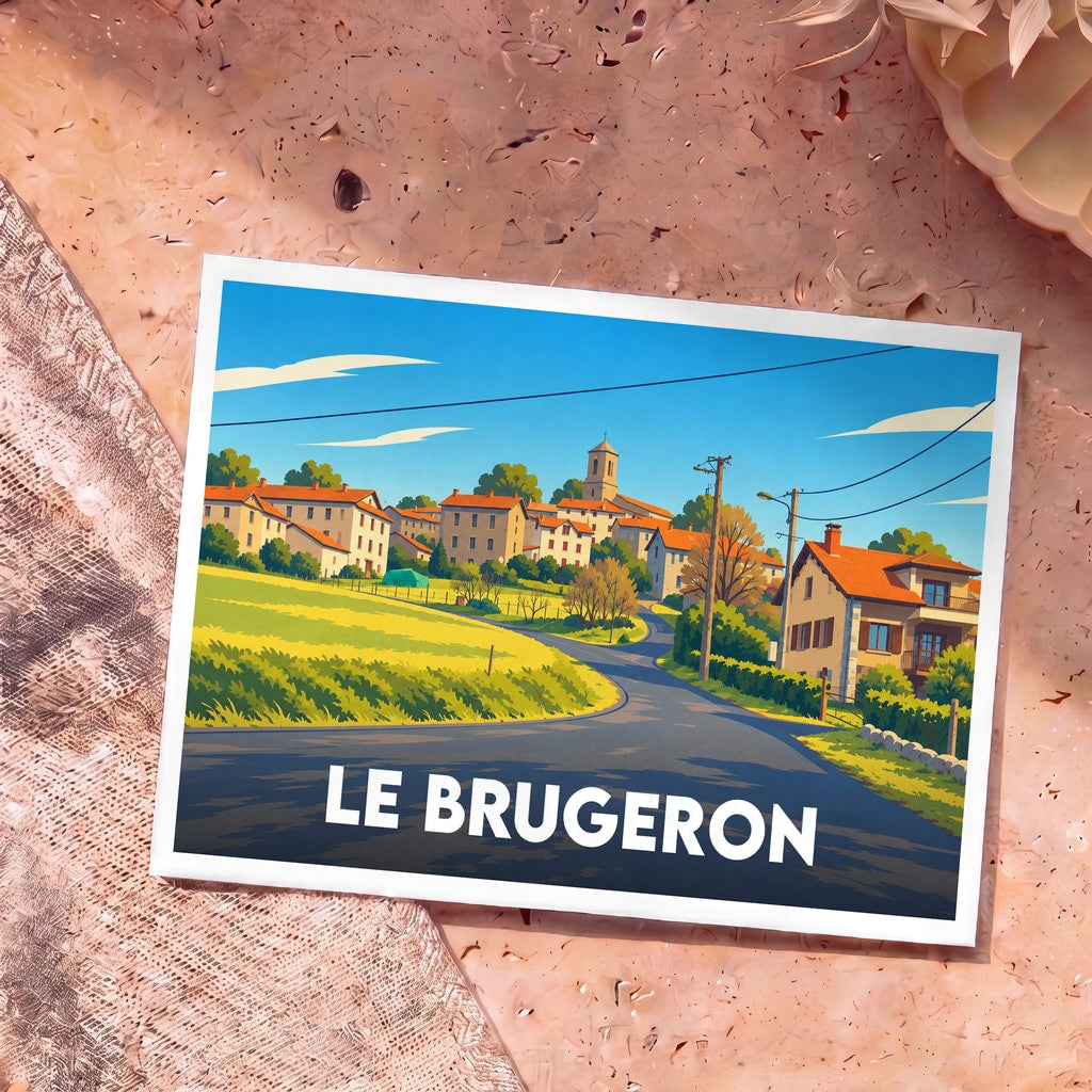 Carte postale souvenir de la ville de Le Brugeron avec une illustration stylisée d'un village pittoresque.
