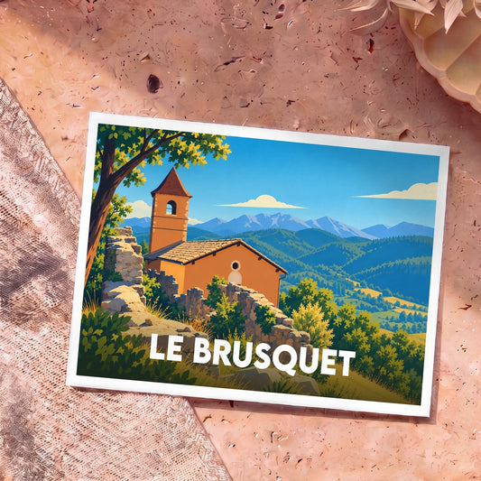 Carte postale souvenir de la ville de Le Brusquet avec une illustration stylisée d'un paysage montagneux et provençal.