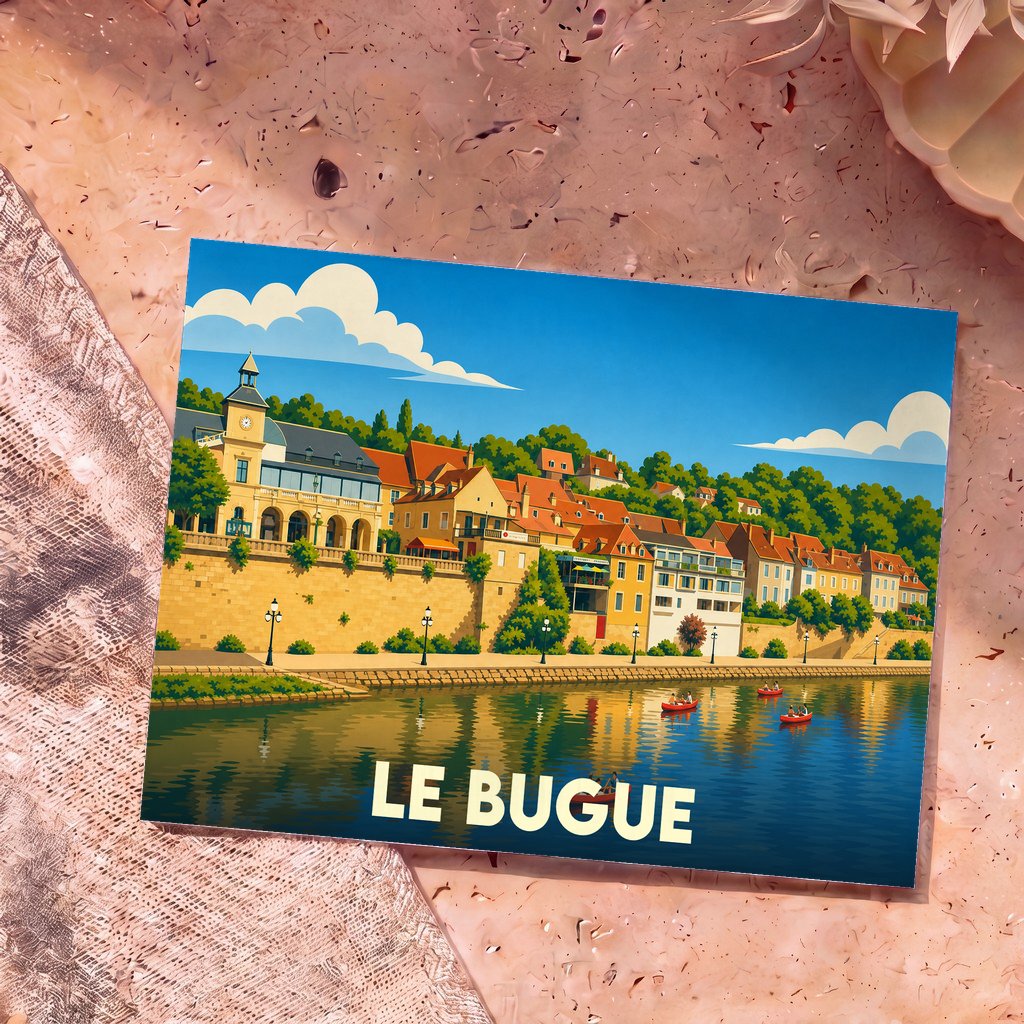 Carte postale souvenir de la ville de Le Bugue avec une illustration stylisée et colorée de ses quais.