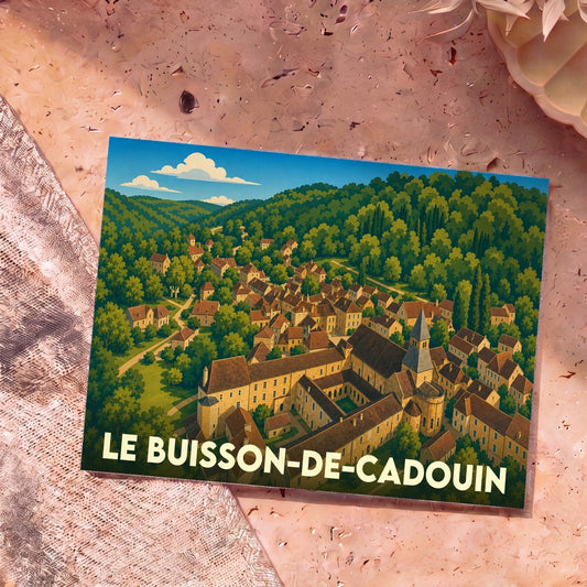 Carte postale souvenir de la ville de Le Buisson-de-Cadouin avec une illustration stylisée d'un village médiéval niché dans une forêt.
