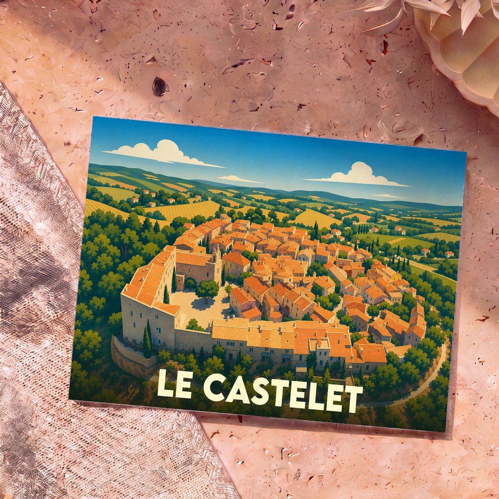 Carte postale souvenir de la ville de Le Castelet avec une illustration stylisée.