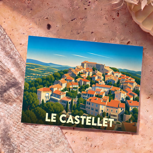 Carte postale souvenir de la ville de Le Castellet avec une illustration stylisée.