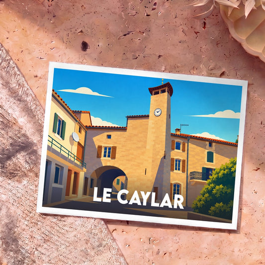 Carte postale souvenir de la ville de Le Caylar avec une illustration stylisée.