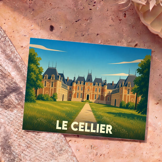 Carte postale souvenir de la ville de Le Cellier avec une illustration stylisée d'un château.
