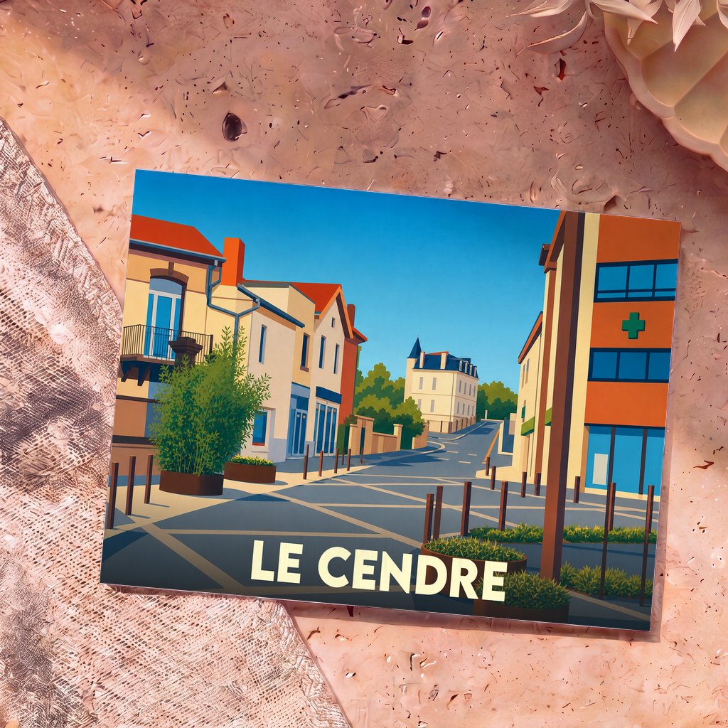 Carte postale souvenir de la ville de Le Cendre avec une illustration stylisée de ses rues.