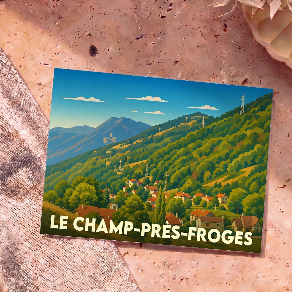 Carte postale souvenir de la ville du Champ-près-Froges avec une illustration stylisée de ses paysages montagneux.