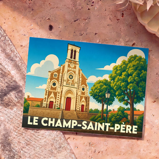 Carte postale souvenir de la ville de Le Champ-Saint-Père avec une illustration stylisée de son église.