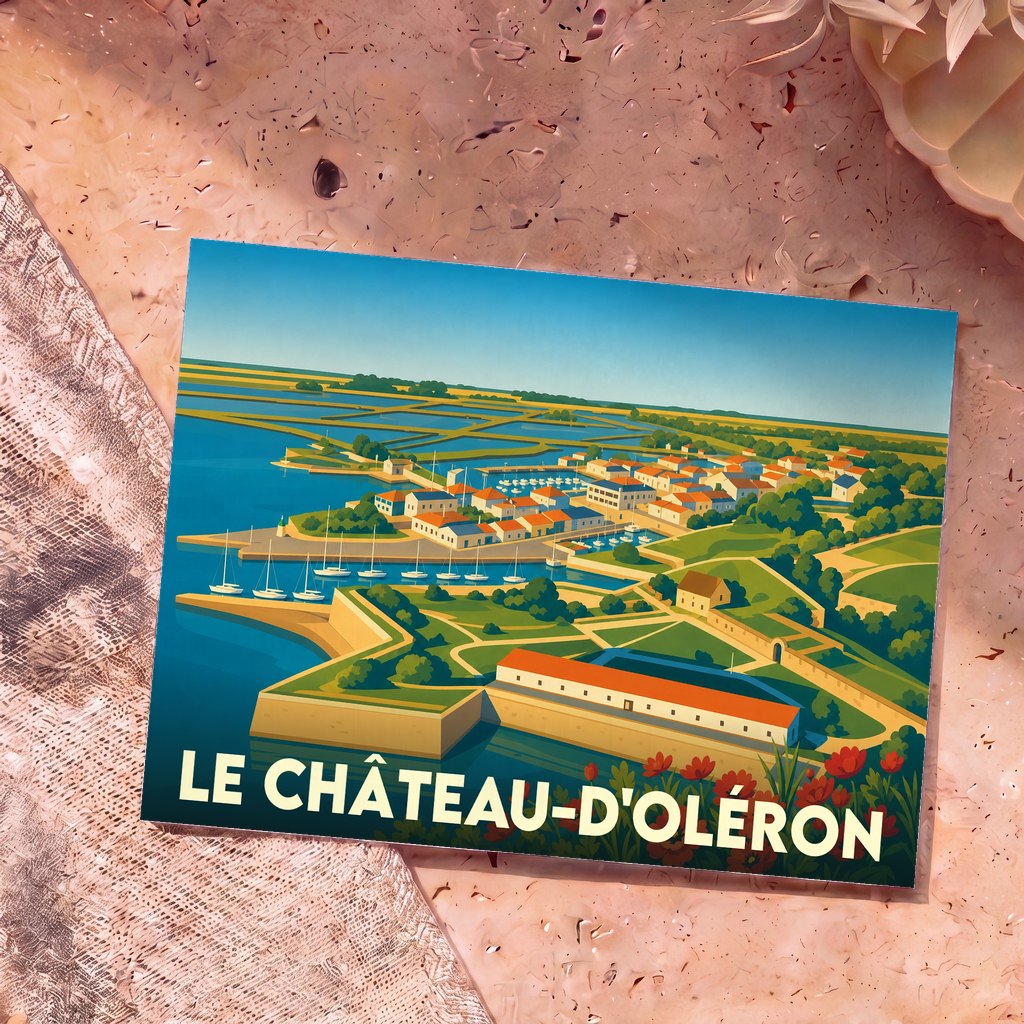 Carte postale souvenir de la ville de Le Château-d'Oléron avec une illustration stylisée de sa citadelle et de son port.