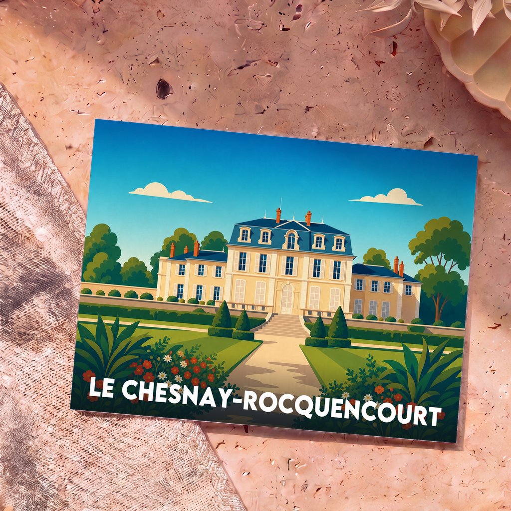 Carte postale souvenir de la ville de Le Chesnay-Rocquencourt avec une illustration stylisée d'un château et de ses jardins.