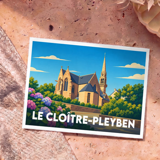 Carte postale souvenir de la ville de Le Cloître-Pleyben avec une illustration stylisée de son église entourée d'hortensias.