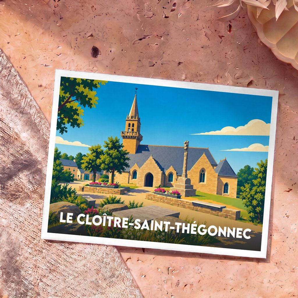 Carte postale souvenir de la ville de Le Cloître-Saint-Thégonnec avec une illustration stylisée de son église.