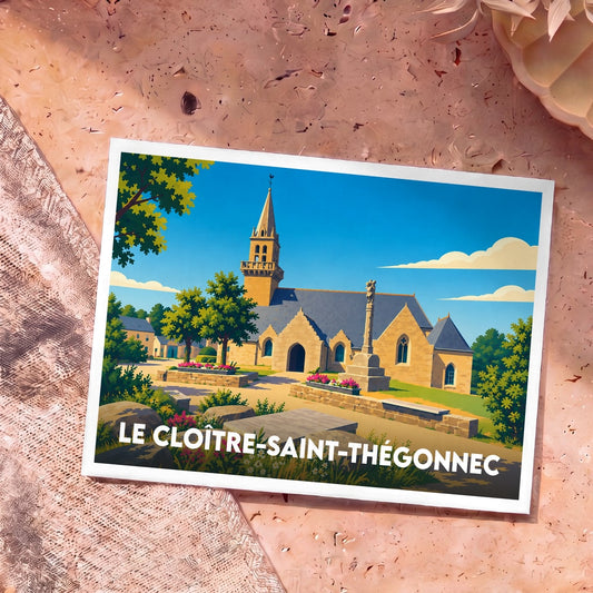 Carte postale souvenir de la ville de Le Cloître-Saint-Thégonnec avec une illustration stylisée de son église.