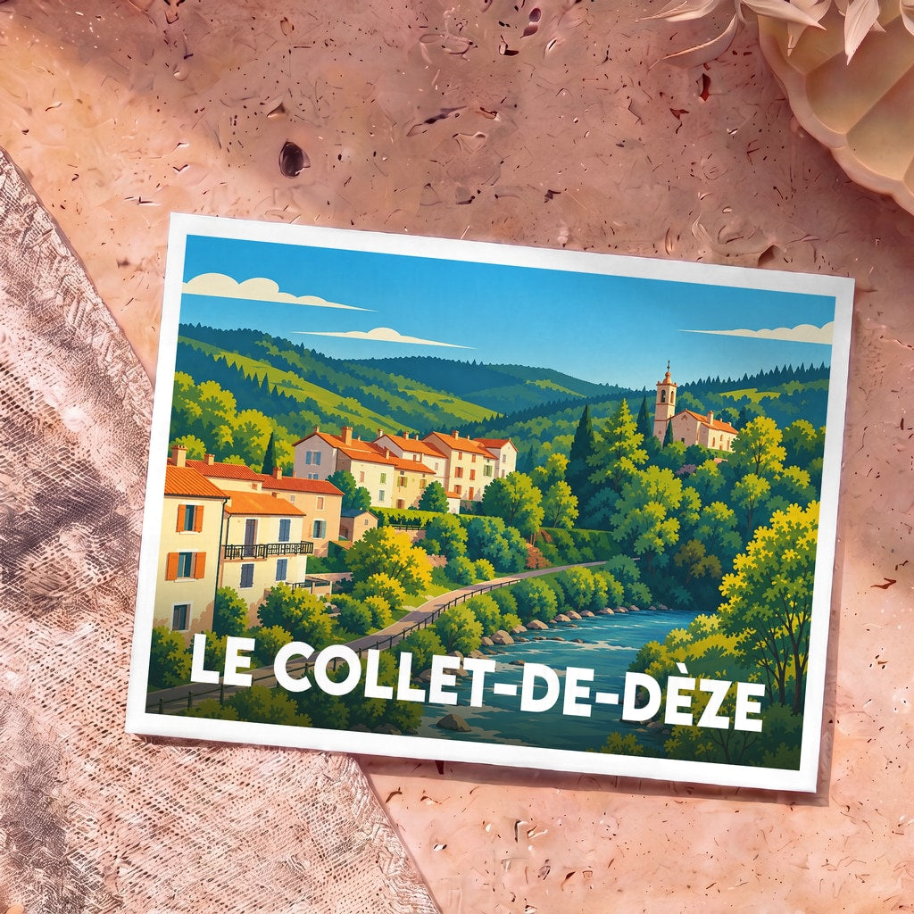 Carte postale souvenir de la ville de Le Collet-de-Dèze avec une illustration stylisée.