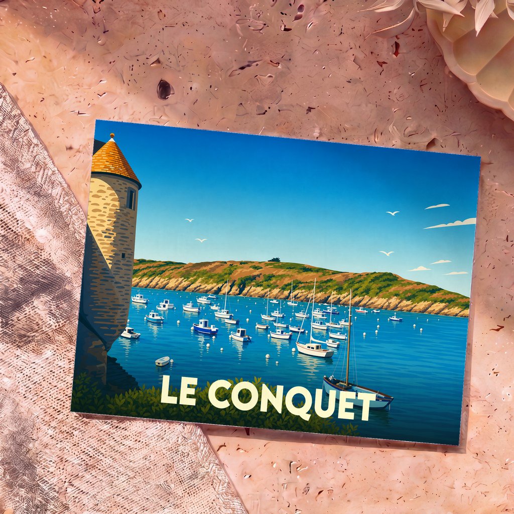 Carte postale souvenir de la ville de Le Conquet avec une illustration stylisée de son port et de sa tour historique.